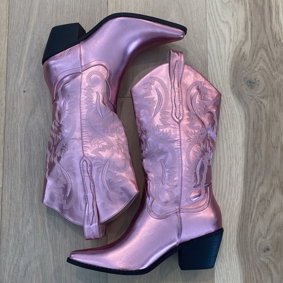 NWOT Women's Pink Metallic Cowboy Mid-Calf Boots - Picture 4 of 13
